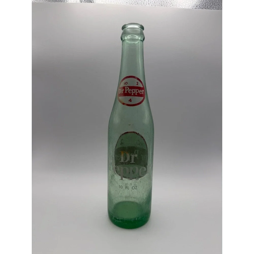 Vintage Dr Pepper Green Glass Collectible Soda Bottle with Red Logo